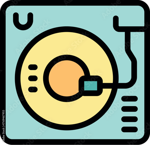 Quadro em tela Vinyl record player playing a disc, with tonearm on spinning vinyl, representing