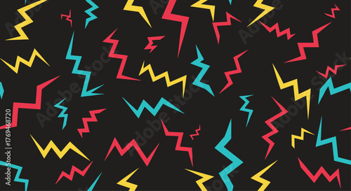 Vibrant seamless retro pattern featuring scattered colorful lightning bolt and zigzag shapes on a dark background.