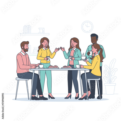 Diverse office team members enjoying a pleasant coffee and snack break, fostering positive relationships and casual conversations. A refreshing moment for connection and team building