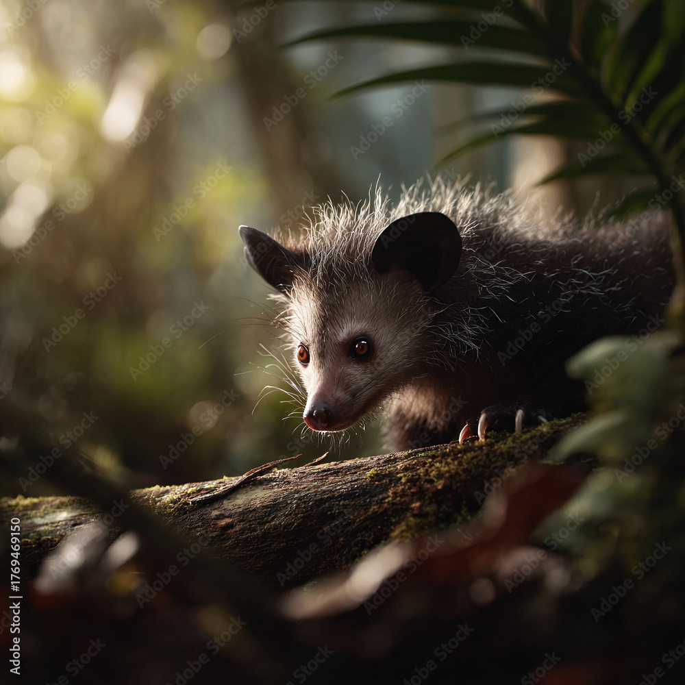 Obraz premium A unique ayeaye lemur peers from the jungle, creating an engaging image for conservation, science or education content. Evokes curiosity, and the wild.