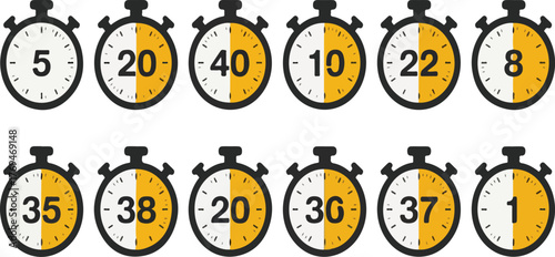 Collection of timers showing varying time intervals timer, time, intervals, collection, yellow, white, stopwatch, numbers, clock, deadline, measurement, countdown, graphic, illustration, digital, 