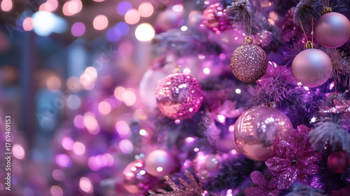 Close up of a christmas tree decorated with pink ornaments and twinkling lights bokeh
