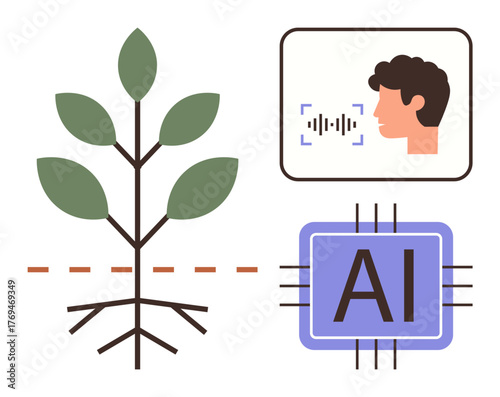 Plant with roots below ground, face with voice recognition technology, AI chip. Ideal for technology, agriculture, biodiversity, innovation, smart farming, data analysis environmental science