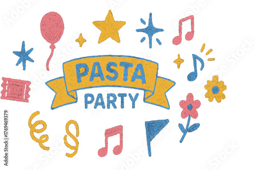 Creative pasta party illustration featuring festive elements and playful designs perfect for culinary events