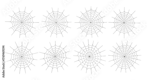 A graphic collection of eight detailed spider web designs in a line art style, perfect for Halloween, spooky themes, and natural decorations.
