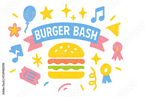 Celebration of the Burger Bash event featuring colorful decorations and fun elements