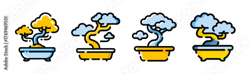 Vibrant stylized bonsai tree illustrations digital art vector graphics set scalable