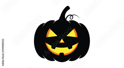 A spooky black jack-o'-lantern featuring glowing yellow eyes, a triangular nose, and a wide, toothy grin, perfect for Halloween celebrations.