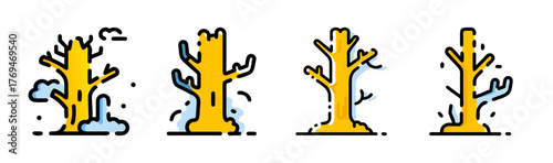 Set of four stylized abstract dead tree snag vector illustrations with yellow and white tones