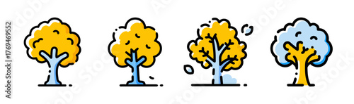 Set of four stylized deciduous trees illustration with vibrant autumn and winter colors