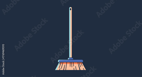 A contemporary flat-design illustration featuring a vibrant blue and orange broom, ready for sweeping and household chores.