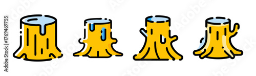 Collection of four stylized vector tree stump illustrations with cartoon faces and tops
