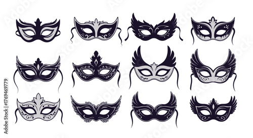 A collection of elegant masquerade masks featuring intricate designs, feather details, and classic styles in dark and light tones.