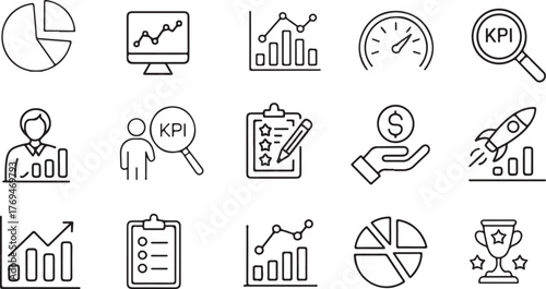 KPI Line Icon Set – Business Performance, Metrics, Analytics, and Goal Tracking Symbols