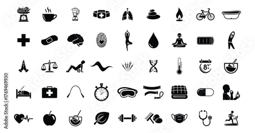 Collection of health and wellness icons representing medical care fitness and healthy lifestyle choices