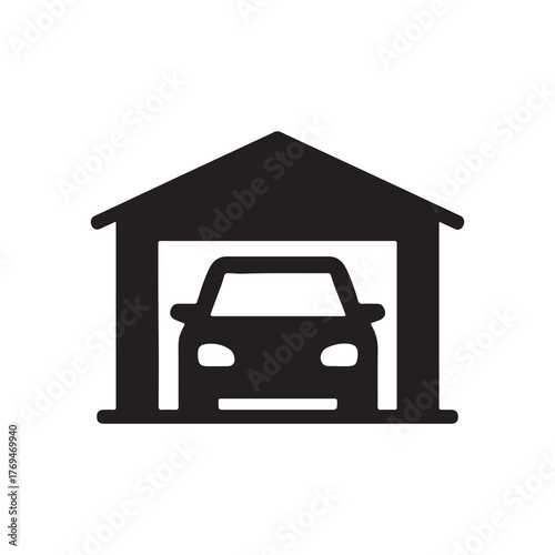 Simple black silhouette icon of a car parked inside an open garage structure