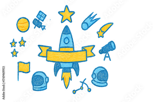Colorful rocket launch illustration with space elements like planets, stars, and astronauts at a playful design