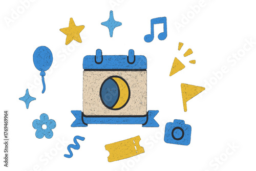 Calendar with decorative elements symbolizing celebration, events, and memories in a vibrant design