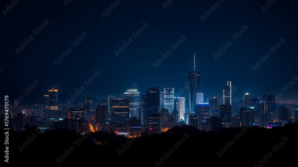 Fototapeta premium A city skyline illuminated at night with long exposure and deep blue tones.