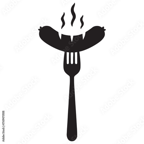 Silhouette of a hot sausage skewered on a fork with steam rising above