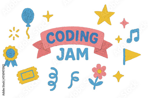 Fun coding jam event with colorful decorations and engaging activities for participants in a vibrant setting