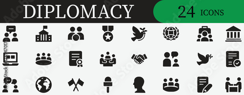 Peace, diplomacy, negotiation, handshake, meeting, partnership, and communication icon set for international relation, business, and global cooperation design