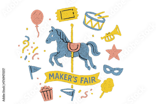 Fun celebration of creativity at a Maker's Fair featuring colorful crafts, activities, and entertainment for everyone