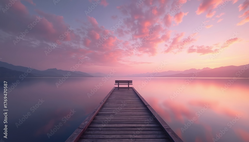 Naklejka premium Wooden pier with empty bench extends into calm lake at pink purple sunrise. Mountains and clouds reflect on still water surface. Serene natural landscape.