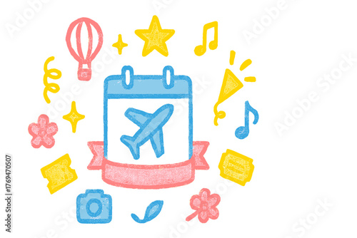 Travel plans come to life with vibrant icons and symbols representing adventures and experiences