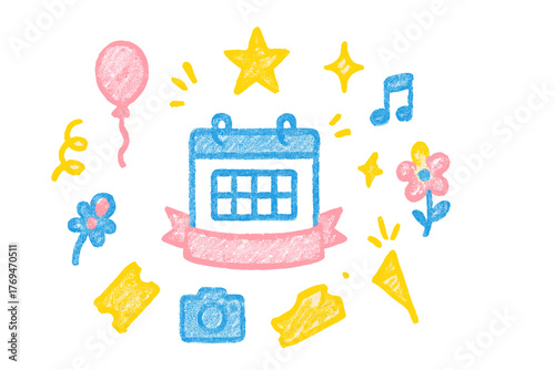 Colorful doodles representing celebration and planning for events with decorations and joyful symbols