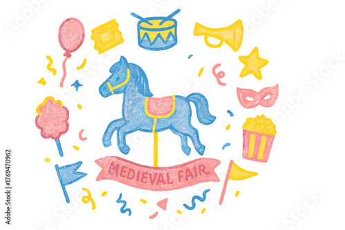 Colorful illustrations of medieval fair elements with a carousel horse and festive decorations