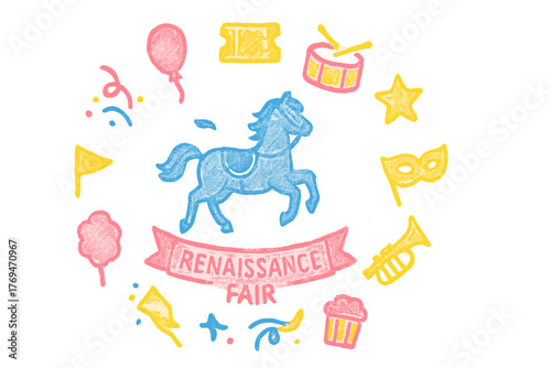 Festive scene featuring a playful horse and colorful symbols at a Renaissance fair celebration