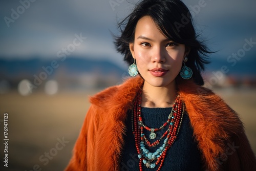 A portrait of a long-haired woman standing outdoors facing the camera, with soft lighting highlighting her facial features, creating a relaxed atmosphere.