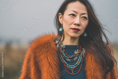 A portrait of a long-haired woman standing outdoors facing the camera, with soft lighting highlighting her facial features, creating a relaxed atmosphere.