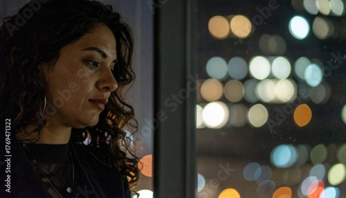 Pensive woman at night window with city bokeh — loneliness, homesickness and reflection