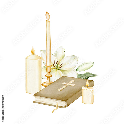 Fotografie Watercolor composition with Bible, burning candles and white lilies, isolated religious illustration