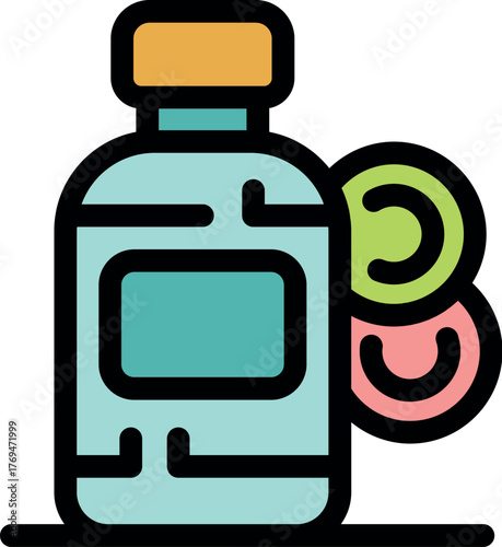 Contact lens bottle with two contact lenses floating nearby, ophthalmology and healthcare concept