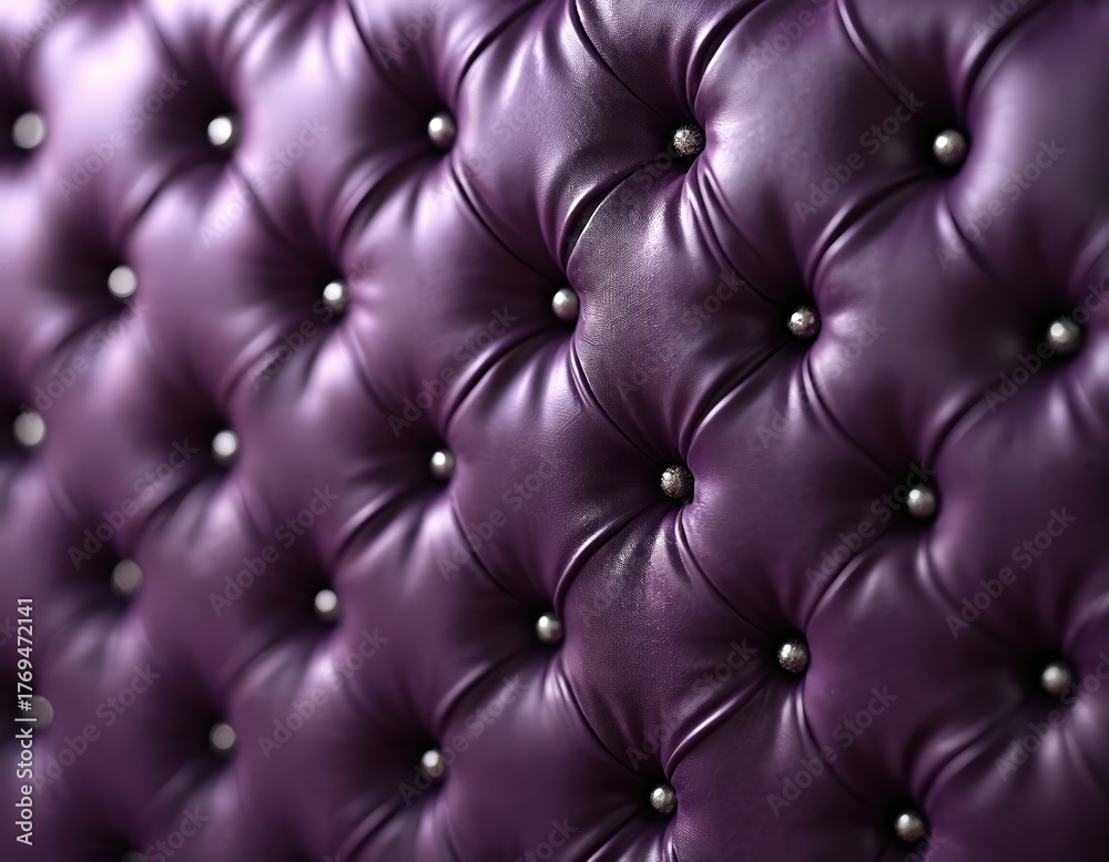 Obraz premium Closeup shot of plush purple tufted upholstery with silver nailhead trim. The luxurious leather texture creates a rich, elegant pattern perfect for interior design or fashion backgrounds.