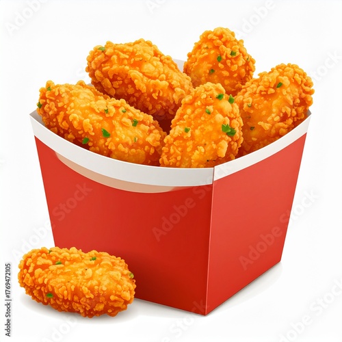 Bucket of Crispy Fried Chicken Pieces Isolated on White Background