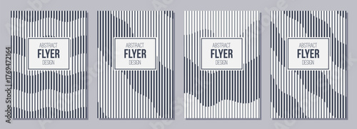 Set of flyers, posters, banners, placards, brochure design templates A6 size. Graphic design templates with black vertical stripes, lines. Wavy texture. Vector black and white striped backgrounds.