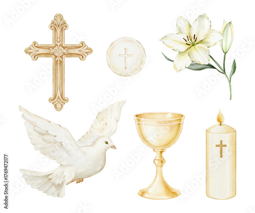 Obraz na płótnie Christian clipart set: dove, gold chalice, cross, white lily, burning candle and Eucharistic host