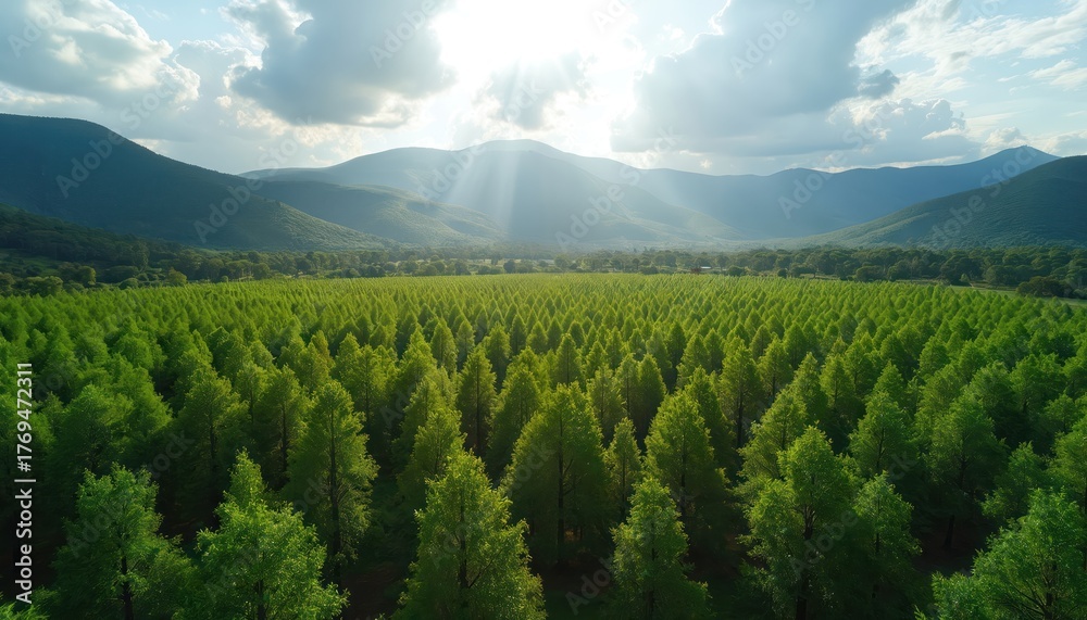 Fototapeta premium Vast plantation of uniform green trees stretches towards distant blue mountains under a bright sky. Sunlight beams through clouds, illuminating the orderly rows of foliage in this expansive landscape.
