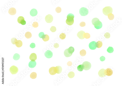 手描きの水玉 水彩あしらい 緑　黄色