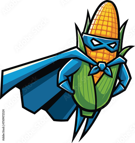 Superhero Corn Mascot – Cute Cartoon Vegetable with Mask and Cape Vector Isolated on White Background