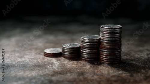 Stacks of coins arranged in increasing height symbolizing financial growth and savings