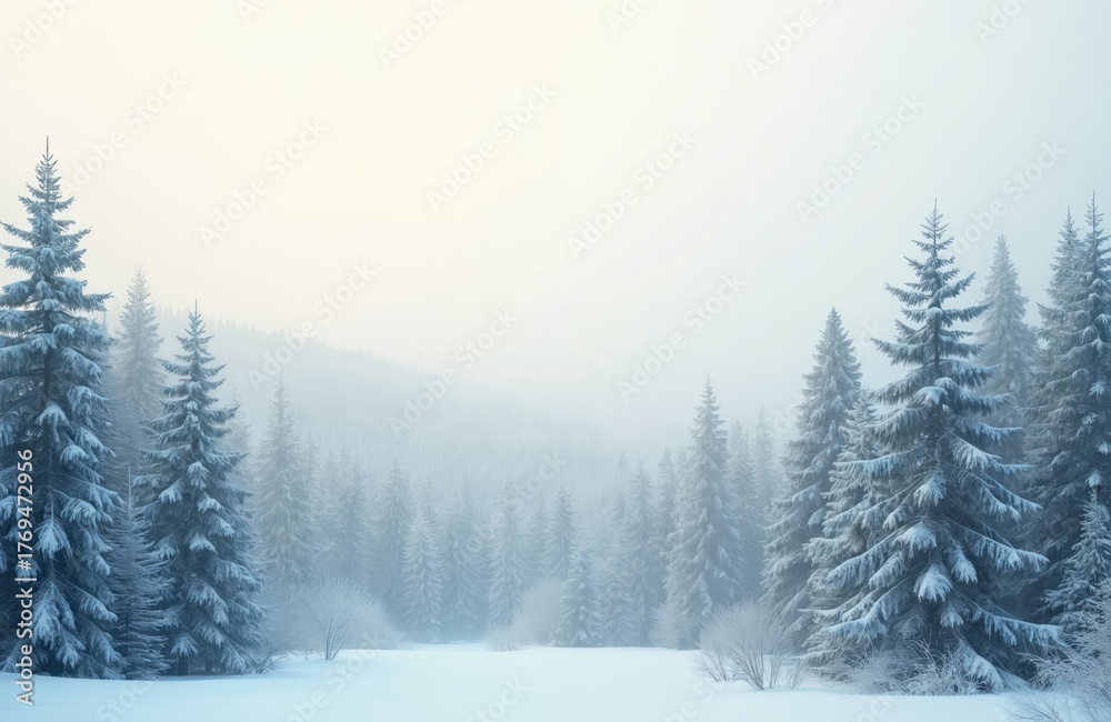 Obraz premium Snow covered fir trees in a frosty forest landscape. Light mist and soft diffused sunlight create a tranquil winter scene. Fresh snow blankets the ground and branches. Cold season nature beauty.