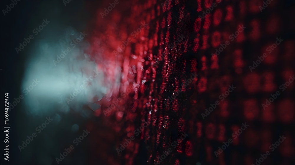 Naklejka premium A digital display shows red code or binary data against a dark background with a futuristic glow and abstract patterns