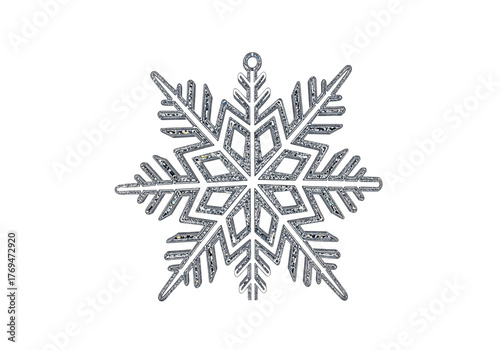 Glittery Snowflake Ornament with Hanging Loop on White Background