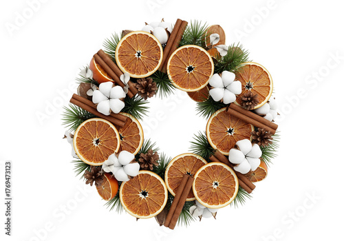 Rustic Holiday Wreath with Dried Oranges, Pinecones, and Cinnamon on White Background