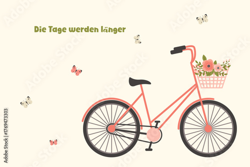 Vintage pink bicycle with floral basket and butterflies — charming spring illustration with phrase meaning the days are getting longer